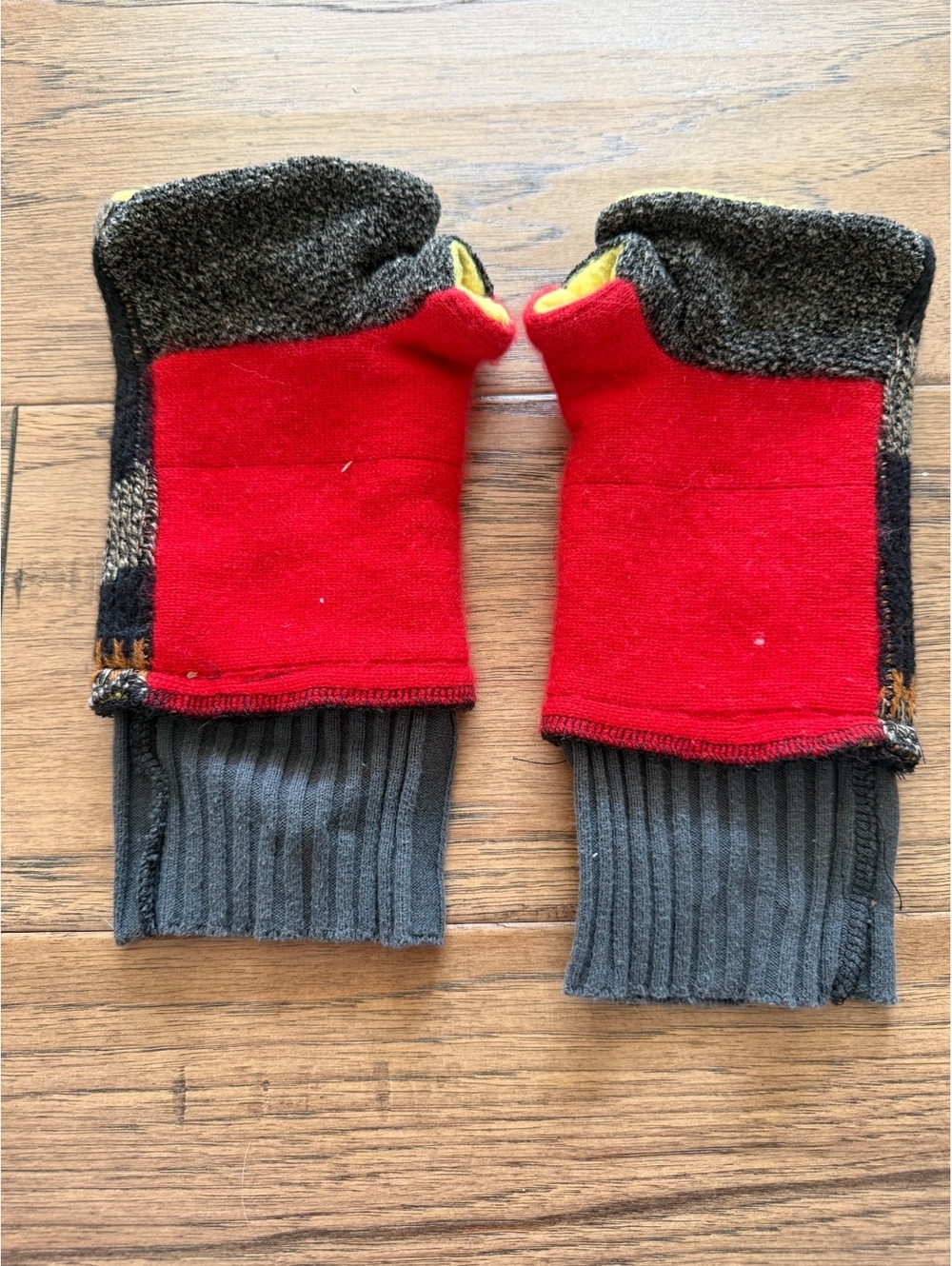 Handmade Fingerless Gloves with Thumb Opening, Multicolor Knit and Fleece Lining - Picture 2 of 4